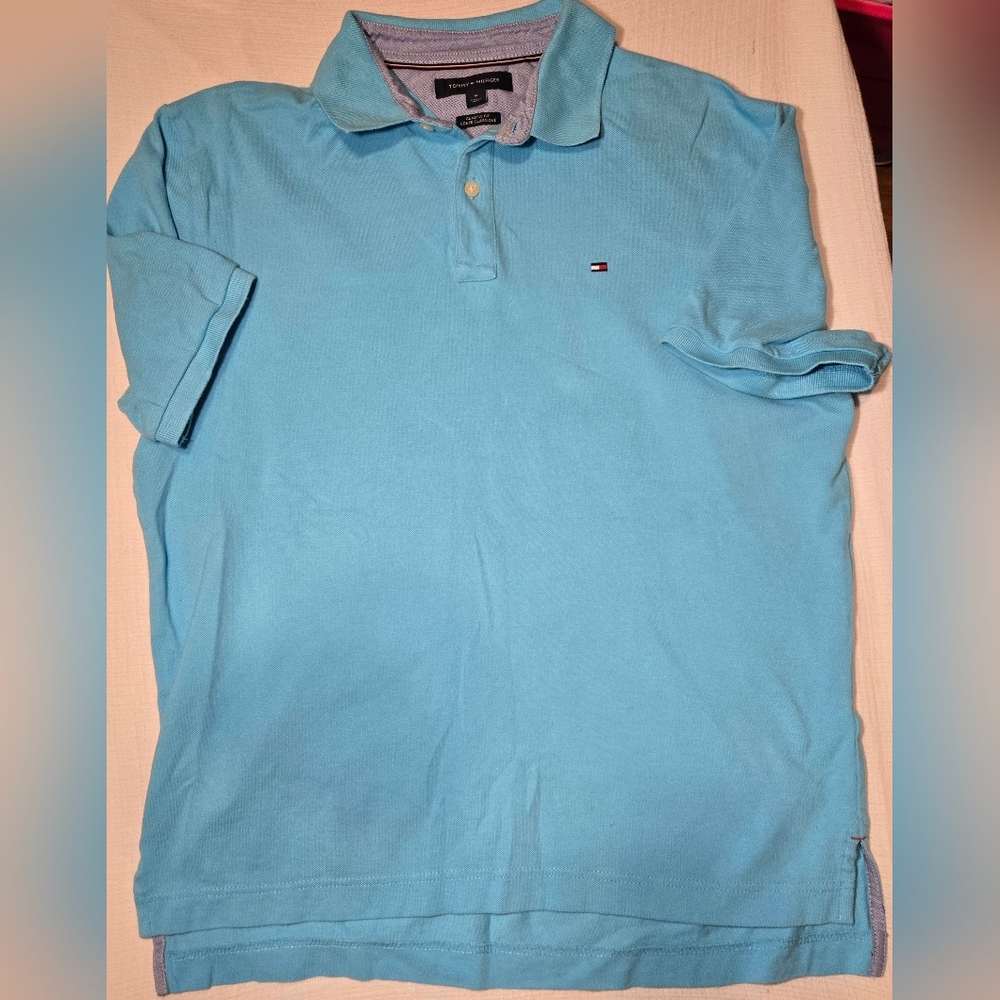 VINTAGE Tommy Hilfiger Polo Shirt Mens M Turqoise Collared Short Sleeve Golf Men